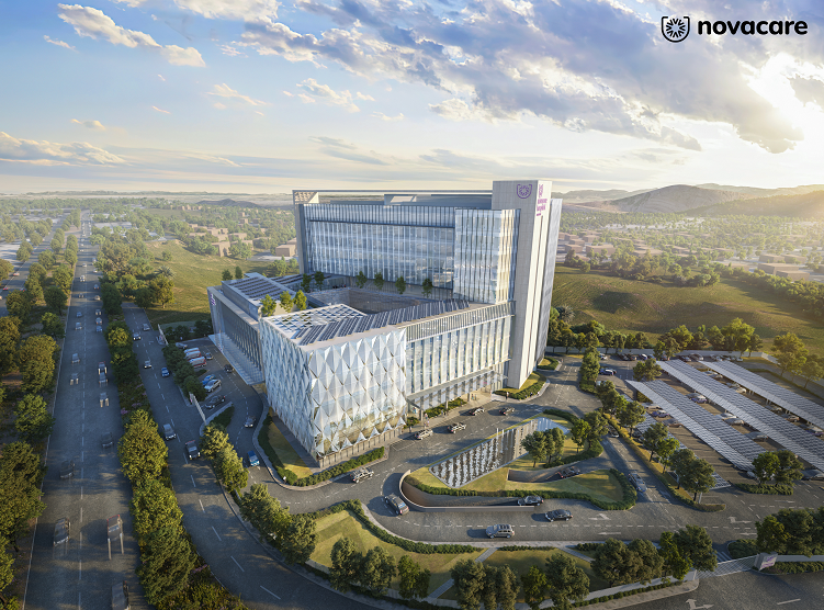 Exterior shot of Novacare Hospital in city environment