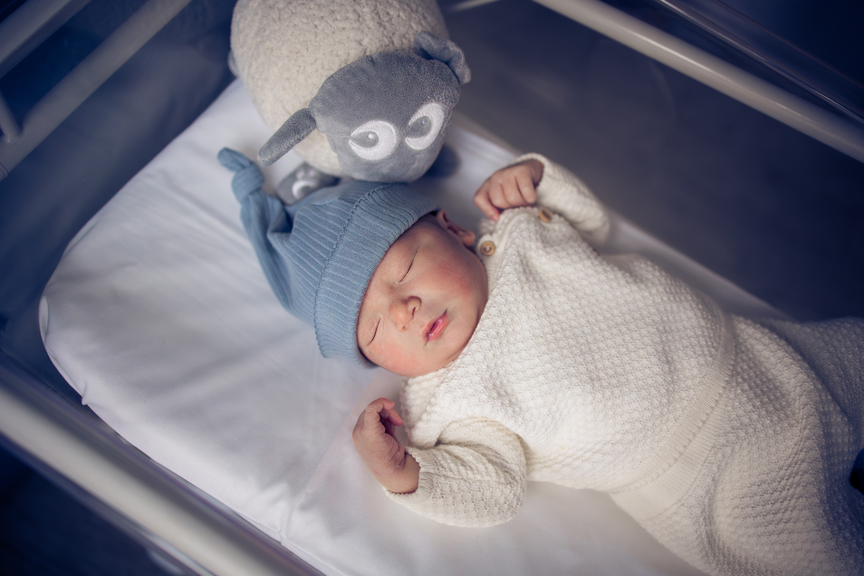 Alt text: A newborn baby is peacefully sleeping in a hospital bassinet, dressed in a cozy cream-colored knit outfit and a soft blue hat. A plush grey and white sheep toy rests above the baby's head, adding a gentle and comforting touch to the scene.